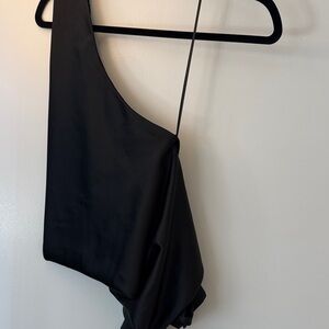 Black One-Shoulder Satin Blouse